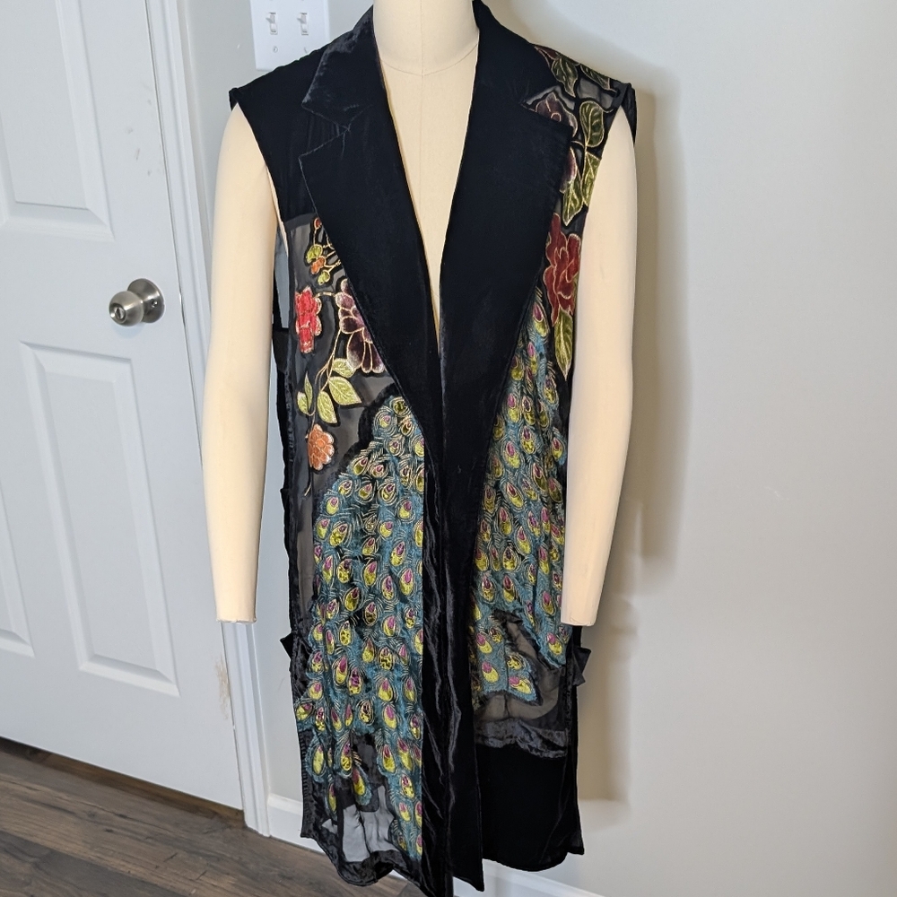Anis. A Peacock Cut Velvet Edwardian Flapper Style Vest Duster Lagenlook Size L